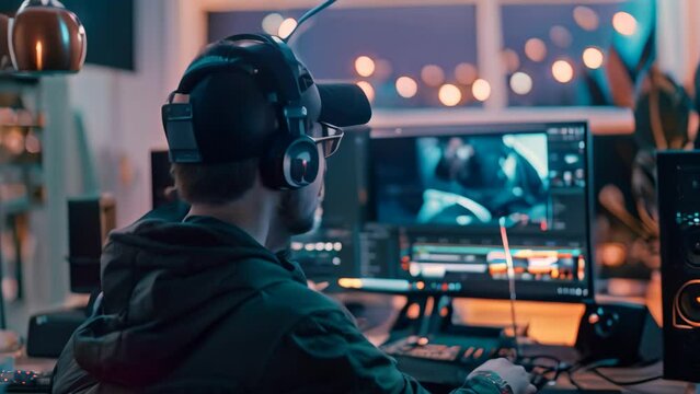 A man sits at a computer wearing headphones, likely participating in a virtual lecture or meeting, An instructor hosting a live lecture on a computer screen