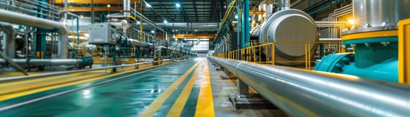 Industrial factory interior with a long metal pipe and a blue platform.