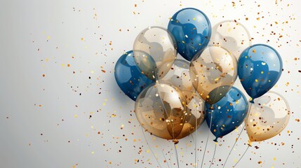 Blue and gold balloons with confetti on a white background. Perfect for celebrating a birthday, anniversary, or other special occasion.
