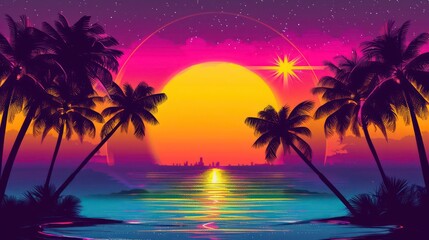 80s retro sunset, palm trees on both sides, neon orange, yellow, purple, and blue. Generative AI