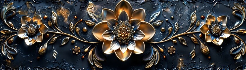 Abstract floral design with gold and silver elements on a dark background.
