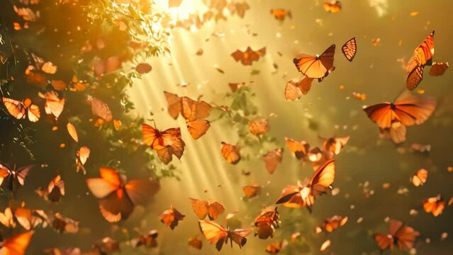 A group of butterflies gracefully fluttering through the air, An intricate pattern of butterflies fluttering through a sunlit forest
