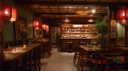 The interior of a restaurant is decorated with red lanterns hanging from the ceiling and traditional-style decorations on the walls