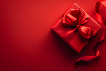 A vibrant photo of a gift box with a ribbon on a solid red background, perfect for celebrations and holidays 