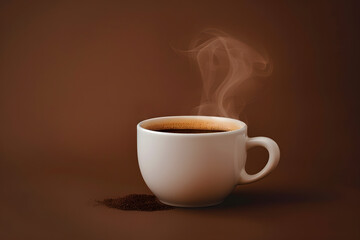 Obraz premium A vibrant photo of a steaming cup of coffee on a solid brown background, perfect for advertising cafes or morning routines 