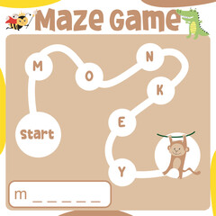 Maze game worksheet. Worksheet for learning English. Educational activity for children. Printable activity page for kids. Simple educational printable worksheet. 