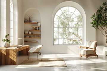 An open-concept minimalist office highlighting geometric shapes, stark white tones, clear midday brightness, and crisp linen accents, fostering a calming and spacious workspace with detailed elements.