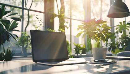 Fototapeta premium Openned Laptop on a Desk in a Modern Office. Sunlight Streams Through Windows