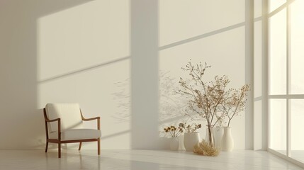 a simple and minimalistic white wall with a wooden armchair, vases of dried plants, autumn decorations, and sunlight streaming through the window.