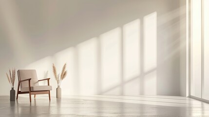 a simple and minimalistic white wall with a wooden armchair, vases of dried plants, autumn decorations, and sunlight streaming through the window.