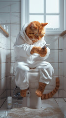 Orange cat in a white bathrobe using a smartphone while sitting on a toilet