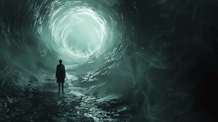 Obraz premium Illustration of a person experiencing horror in a surreal, dark environment