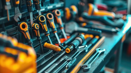 Maintenance tools for energy storage units in a remote area, technical toolkit theme, closeup view, highlighting essential equipment, digital tone, colored pastel