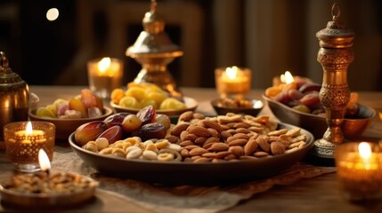 Naklejka premium various types of dried fruit and nuts neatly arranged on plates, some of them in small bowls. There are almonds, figs, dates and also apricots
