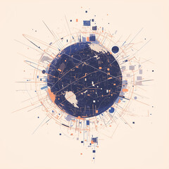 flat vector illustration of the Earth surrounded by lines and dots, depicting a tech-inspired sci-fi style, integrating elements of data technology, digital network connections