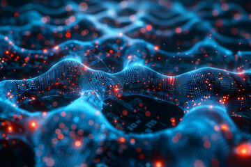 3D render of an abstract digital landscape with glowing blue and red dots forming wavy patterns, representing data flow in a dark virtual space with detailed textures, creating a sense of movement 