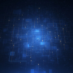 Abstract blue background with glowing shapes and lines forming interconnected squares, representing complex digital networks and data connections in technology, cybersecurity, and information exchange