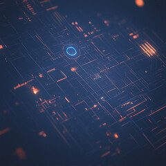 Futuristic dark blue background, featuring a complex circuit board design with multiple layers, a floating circular white symbol above a digital interface, captured in hyperrealistic detail