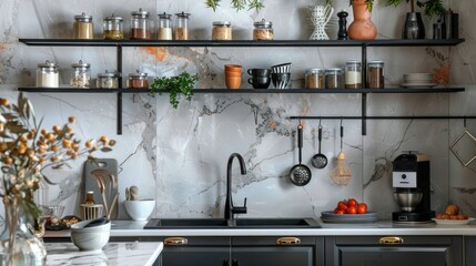 a modern kitchen interior featuring gray cabinets, a marble countertop, and a black sink, with a wall shelf decorated with jars of spices and decor accessories.