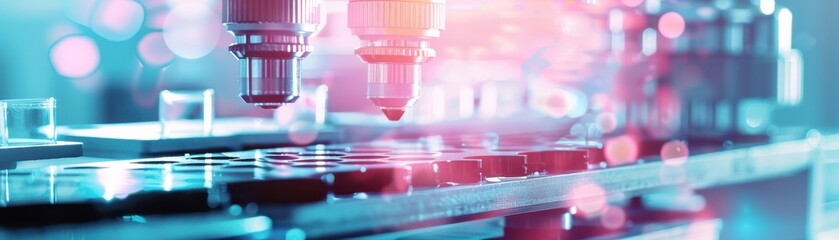 Development tools and equipment in a hightech lab, nextgen battery theme, closeup view, highlighting precision engineering, digital tone, colored pastel