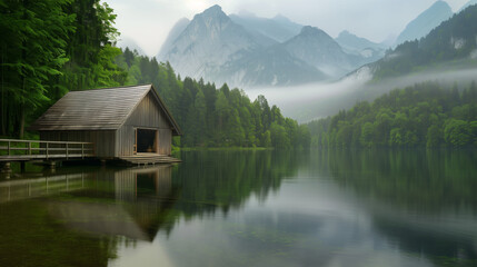 Obraz premium Serene lakeside scene with a wooden cabin on stilts, surrounded by lush green forest and misty mountains, reflecting on the calm water