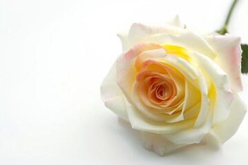 Close-up of a white rose with soft yellow and pink hues on its petals, set against a white background