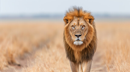 Majestic lion walking through the dry grasslands, with its mane blowing slightly in the wind,...