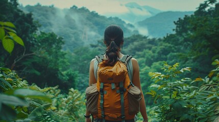 Korean woman hiking through a lush forest, filled with a sense of adventure and joy