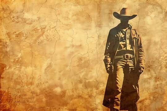 Silhouette of a cowboy in a hat with a revolver,  old paper