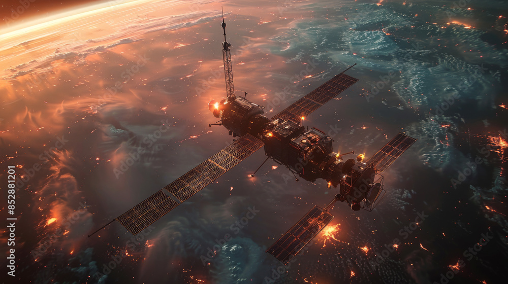 Poster telecommunication satellite providing global internet network and high speed data communication abov