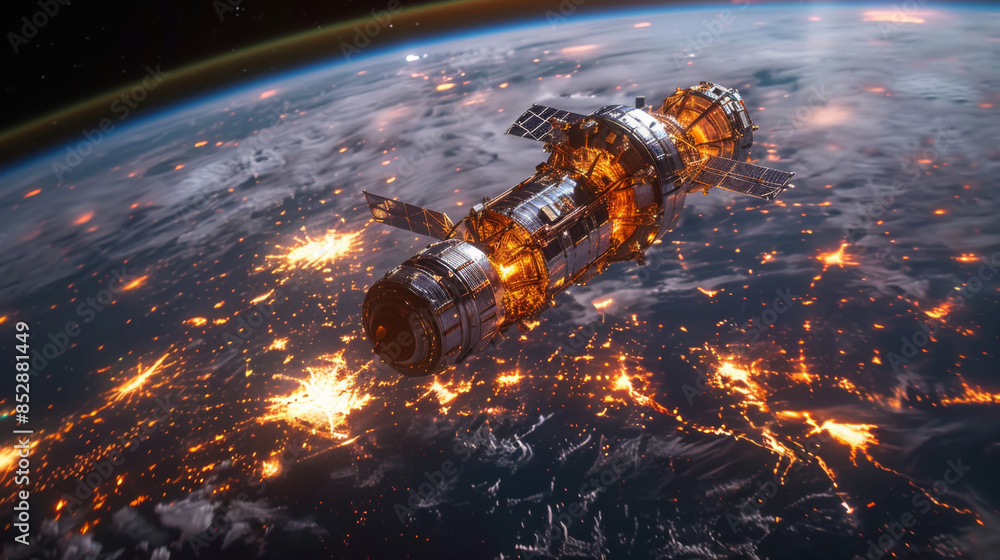 Poster telecommunication satellite providing global internet network and high speed data communication abov
