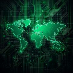 A green neon light world map on a digital circuit board background. Global communication, business networking, globe connection concepts.