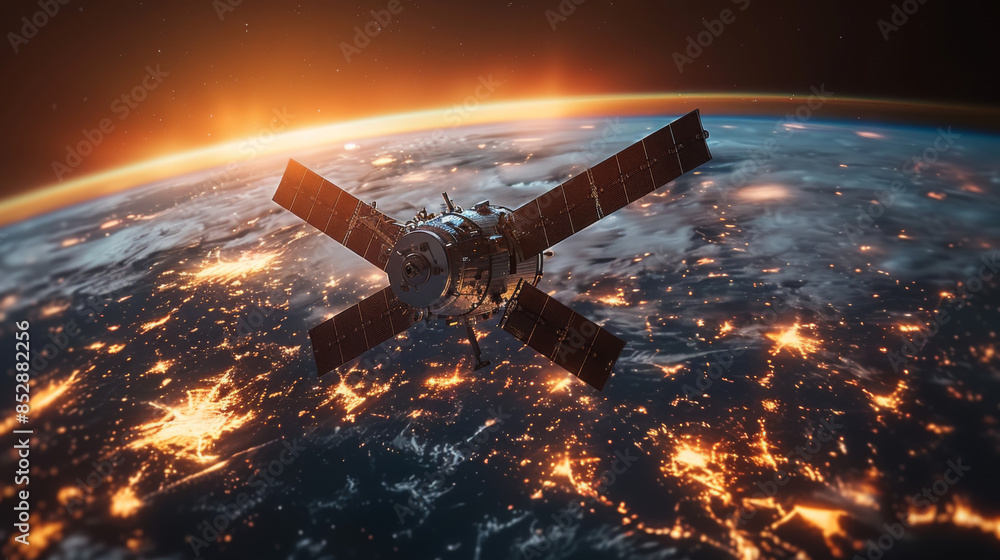 Poster telecommunication satellite providing global internet network and high speed data communication abov