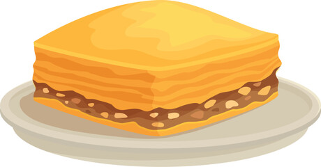 Delicious square baklava piece resting on a small plate, showcasing its crispy layers and sweet nut filling