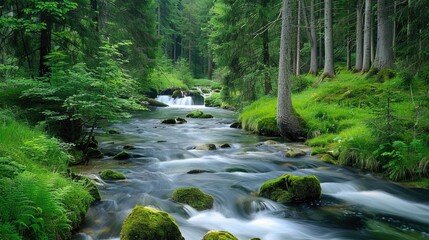 Obraz premium A serene river flows gently through a thick forest