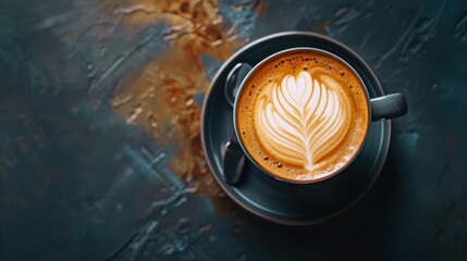 Latte coffee cup with heart shaped art on dark background, ideal for text, high quality image