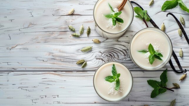 yellow cardamom milk on a white wooden background, featuring two glasses filled with the drink and garnished with mint leaves near a cut spoon.