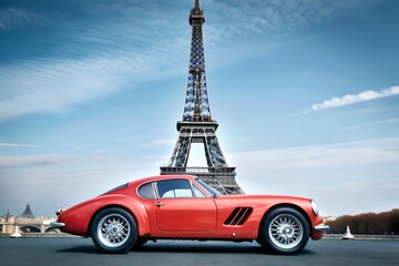 Red Vintage Car with Eiffel Tower in Parisian Skyline, Blue Skies