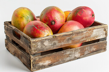 Mango in a wooden box. Farm bioproducts.