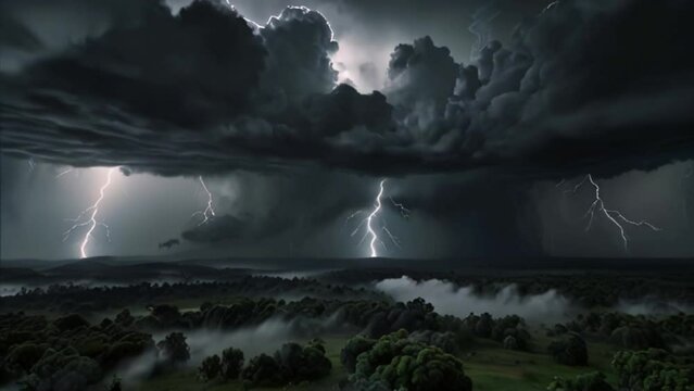 A view of lightning striking during a thunderstorm and very dark black clouds