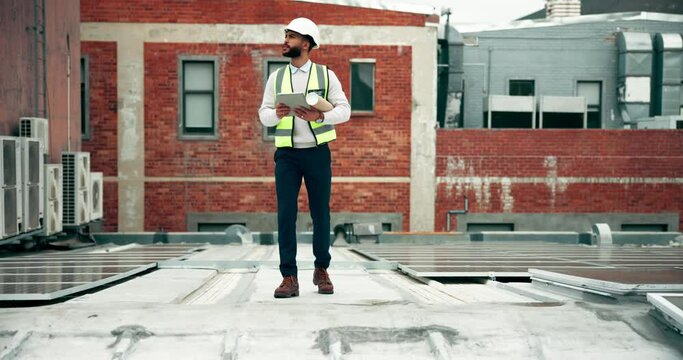 Roof, solar panels and man with tablet, inspection and engineering for clean energy, sustainability and tech. Quality control and outdoor with employee, eco friendly and technician for maintenance