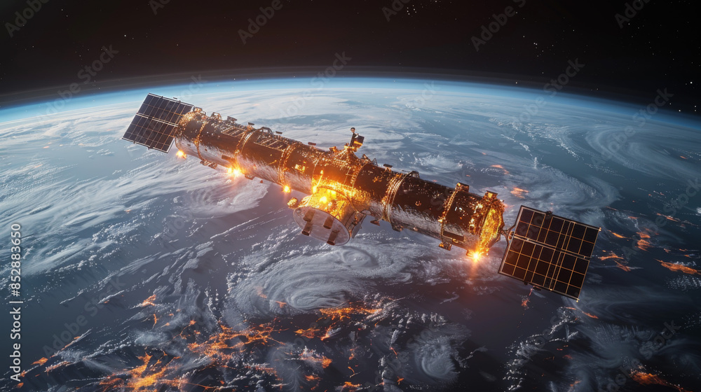 Poster telecommunication satellite providing global internet network and high speed data communication abov