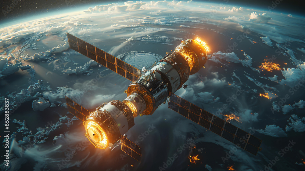 Poster telecommunication satellite providing global internet network and high speed data communication abov