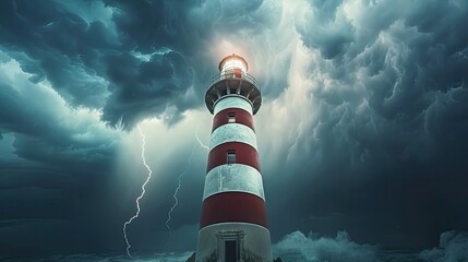 a lighthouse with red and white stripes standing against a dark, stormy sky illuminated by lightning.