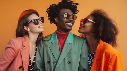Retro Trendsetters Young Black Man and Two Women in Vibrant SpringSummer Fashion Shoot