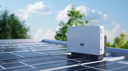 Solar inverter connected to a rooftop solar panel system, renewable energy theme, side view, illustrating efficient energy conversion, advanced tone, complementary color scheme