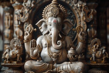Lord Ganesha seated in an elaborate throne room, depicted with elegance. intricate portrayal of the Hindu deity,  divine and majestic presence in traditional Indian cultural art Generative ai