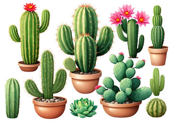 Set of layered necks. Cactus plant, watercolor. Color clip art. Separate transparent background.