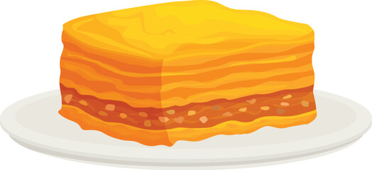Sweet baklava with layers of flaky pastry filled with chopped nuts and honey is served on a plate