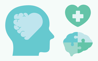 Mental health, healthy, heart. Brain, mind, learn. Well-being, emotions. Medicine, psychology, psychiatry. Doctor, treatment, therapy, cure. Icon, vector, set.